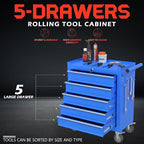 5-Drawer Rolling Tool Chest With Wheels and Locking System - Portable Metal Box for Warehouse, Garage, Repair Shop, Workshop (Blue)