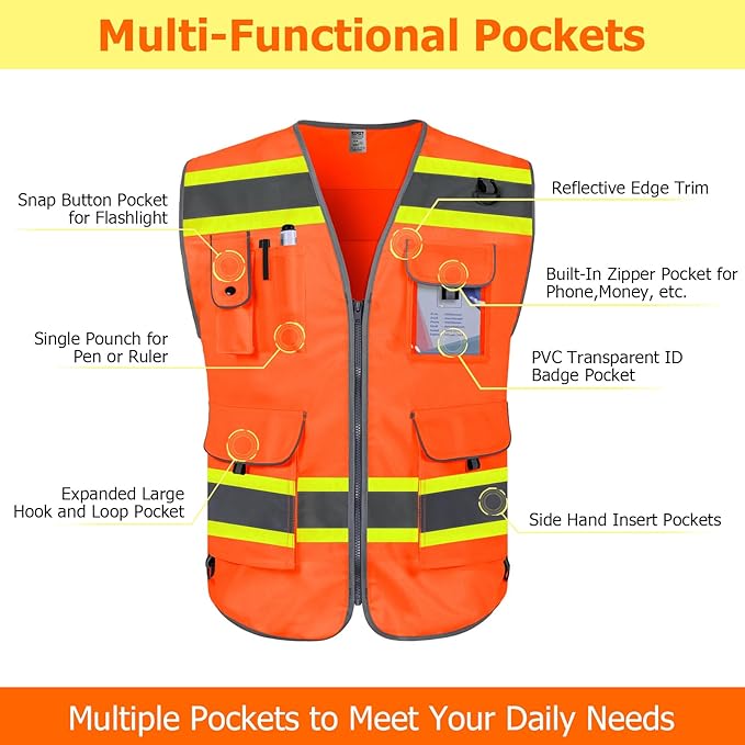TCCFCCT Orange Safety Vest for Men Women 9 Pockets Mesh High Visibility Reflective Vest for Safety, Work Vest with Reflective Strips, Meets ANSI/ISEA Standards, DB-5X-Large