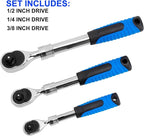 3-Piece 1/4" 3/8" 1/2-Inch Drive Socket Ratchet Set Extendable Handle Wrench Quick-Release Reversible Gear Torque Spanner Mechanical Tools