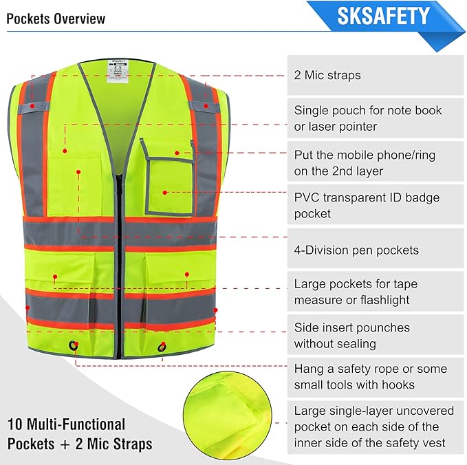 SKSAFETY 10 Pockets Safety Vest, Class 2 High Visibility Security with Zipper, Hi Vis Vest with Reflective Strips, ANSI/ISEA Standard, Construction Work Vest for Men ＆ Women （Lime, 2XL）