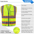 SKSAFETY 10 Pockets Safety Vest, Class 2 High Visibility Security with Zipper, Hi Vis Vest with Reflective Strips, ANSI/ISEA Standard, Construction Work Vest for Men ＆ Women （Lime, M）