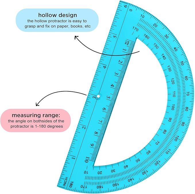 Zonon 36 Pack 6 Inch Plastic Protractor Back to School Protractors 180 Degrees Pink Blue Clear Protractors for Classroom Math Teacher Student Office Supplies