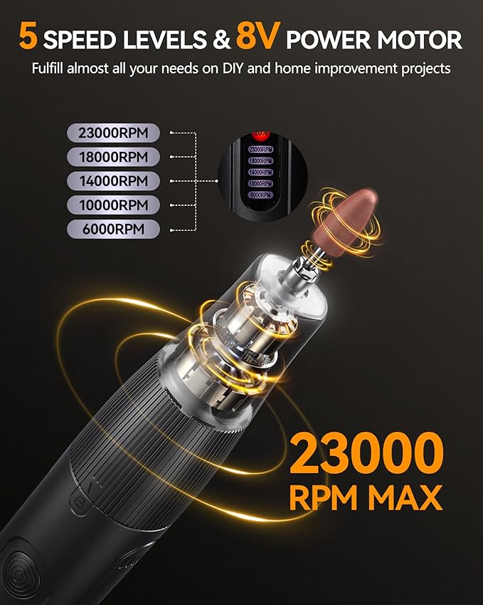 Cordless Rotary Tool, 8V Multi Tool with Auto-Lock Chuck & 5 Speed, 23,000RPM Rechargeable Engraver Kit with 62 Accessories, for Sanding, Polishing, Drilling, Carving, DIY Crafts