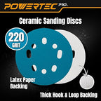 POWERTEC PRO 50PK, 5 Inch Sanding Discs Hook and Loop, 220 Grit, Ceramic Orbital Sander Sandpaper for 5 & 8 Hole Random Orbital Sanders - Automotive, Paint, Metal, Woodworking (45322C-50)