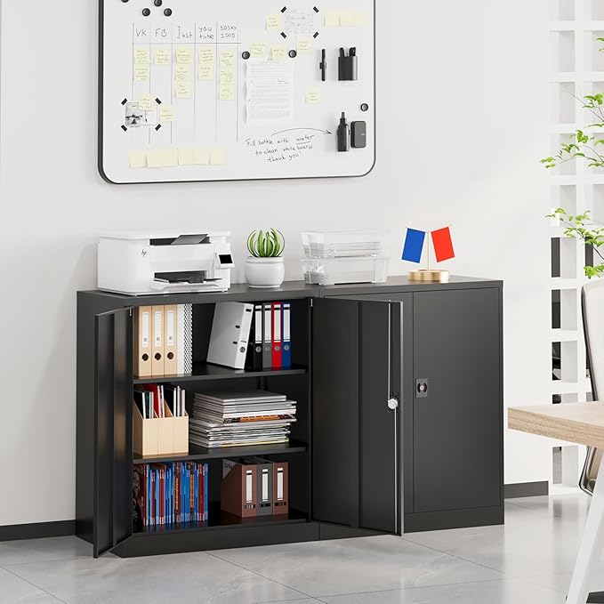 SISESOL Small Metal Storage Cabinet with Doors and Shelves,36 inch Black Locking Garage Cabinet,Lockable Short Steel Cabinets for Home,Office,Shop,Garage