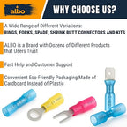 250PCS Blue Heat Shrink Ring Terminal Kit – 16-14 AWG Wire Terminal Connectors Assortment, 6 Sizes (#8, #10, 1/4", 5/16", 3/8", 1/2") – Waterproof Tinned Copper Electrical Ring Connectors