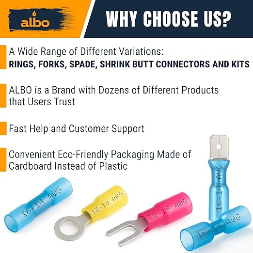 250PCS Blue Heat Shrink Ring Terminal Kit – 16-14 AWG Wire Terminal Connectors Assortment, 6 Sizes (#8, #10, 1/4", 5/16", 3/8", 1/2") – Waterproof Tinned Copper Electrical Ring Connectors