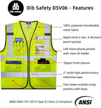 Dib Safety Reflective Vest Mesh, High Visibility Vest with Pockets and Zipper, Construction Work Vest ANSI Class 2, Yellow Mesh 3XL