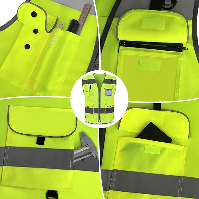 TCCFCCT High Visibility Vest 9 Pockets Hi Vis Reflective Safety Vest for Men Women, Construction Vest with Reflective Strips, Meets ANSI/ISEA Standards, (Yellow, Small)