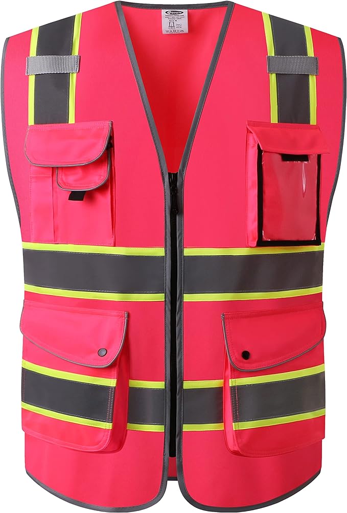 JKSafety 9 Pockets High Visibility Zipper Front Safety Vest | Pink with Dual Tone High Reflective Strips | Meets ANSI/ISEA Standards (901-Pink, XX-Large)