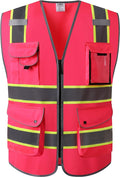 JKSafety 9 Pockets High Visibility Zipper Front Safety Vest | Pink with Dual Tone High Reflective Strips | Meets ANSI/ISEA Standards (901-Pink, XX-Large)