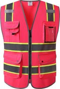 JKSafety 9 Pockets High Visibility Zipper Front Safety Vest | Pink with Dual Tone High Reflective Strips | Meets ANSI/ISEA Standards (901-Pink, Medium)