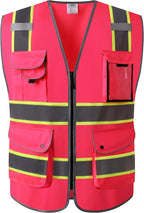 JKSafety 9 Pockets High Visibility Zipper Front Safety Vest | Pink with Dual Tone High Reflective Strips | Meets ANSI/ISEA Standards (901-Pink, Medium)