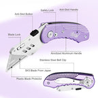 Vickay Folding Utility Knife, Box Cutter with 5 SK5 Quick Change Blades, Safety Axis Lock Design Razor Knife, Lightweight Aluminum Handle Belt Clip for Office Home Artcraft （Light Purple)
