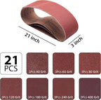 21 Pcs 3 x 21 Inch Sanding Belts,3 Each of 40 60 80 120 180 240 400 Grits 3 x 21 Belt Sander Sanding Belts,Aluminum Oxide Belt Sander Paper for Woodworking Metal Paint Polishing
