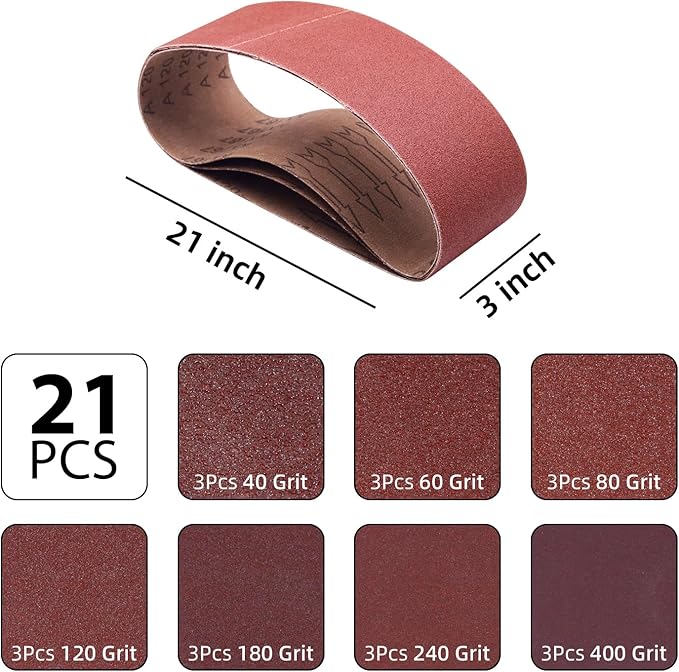 21 Pcs 3 x 21 Inch Sanding Belts,3 Each of 40 60 80 120 180 240 400 Grits 3 x 21 Belt Sander Sanding Belts,Aluminum Oxide Belt Sander Paper for Woodworking Metal Paint Polishing