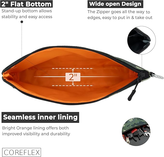COREFLEX Premium Tool Pouch Zipper Bag, Small Tool Bag, Multipurpose Storage pouch, Heavy duty Flat Bottom Tool bag with YKK Zipper (3 pack Large Camouflage)