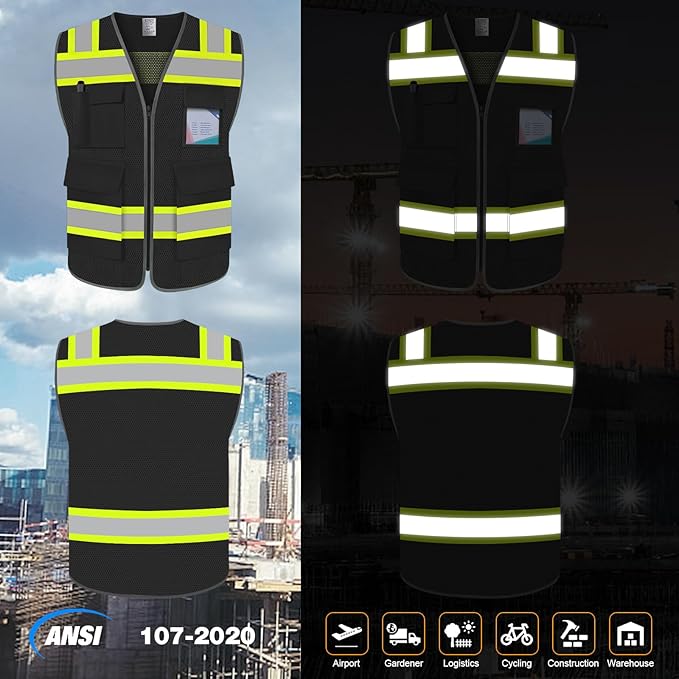 TCCFCCT High Visibility Safety Vest - 5 Pockets Mesh Reflective for Men Women, Hi Vis Construction With Neon Yellow Edge, Reinforced Sewing, Durable, Meets ANSI/ISEA, DW-Black, XL