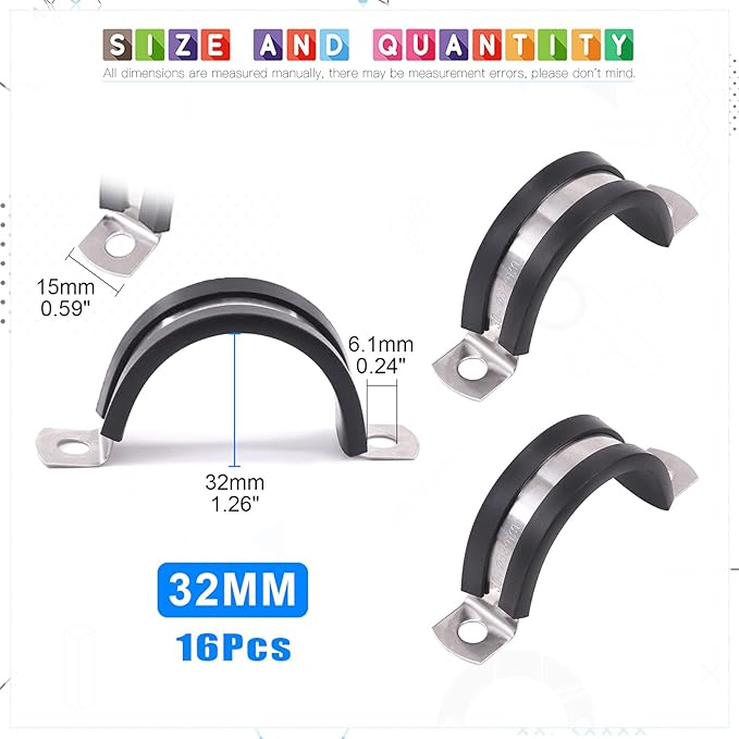 Glarks 16Pcs 32MM 2 Hole U-Tube Strap Clamp Set 304 Stainless Steel Rubber Cushion Rigid Pipe Strap U Bracket Tube Strap Assortment Kit For Pipe Tube Fixing (32mm)