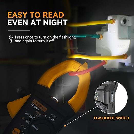 Digital Clamp Meter 6000 Counts Voltage Tester with Auto Range,AC/DC High Voltage,AC/DC Current,DC Power, ACV VFD, Resistance, Capacitance, Diode, Live Wire Test, NCV, True RMS,AC Current Meter LD206+