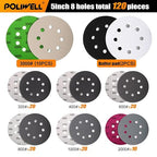 POLIWELL 120pcs 5 Inch Sanding Discs Hook & Loop 8 Holes Wet Dry 320 400 600 800 1000 2000 3000 Grit Orbital Sandpaper with 2pcs Interface Pads, Silicon Carbide Round Flocking Sandpaper