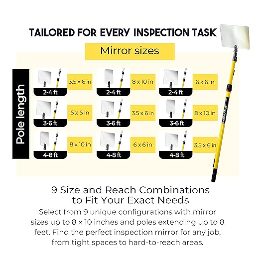 Telescoping Inspection Mirror - Standard Fiberglass, Lightweight & Durable, 3 ft - 6 ft Pole, 6 x 6 inch Acrylic Mirror