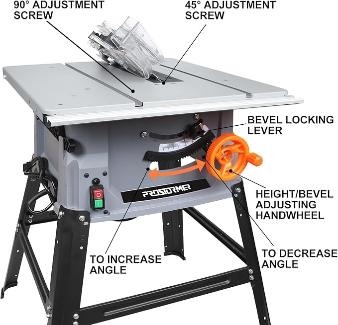 Prostormer 10 Inch Table Saw with Stand, 15A 5000RPM Portable Benchtop Saw, 45°Bevel Cutting Tabletop Saw for Woodworking