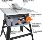 Prostormer 10 Inch Table Saw with Stand, 15A 5000RPM Portable Benchtop Saw, 45°Bevel Cutting Tabletop Saw for Woodworking