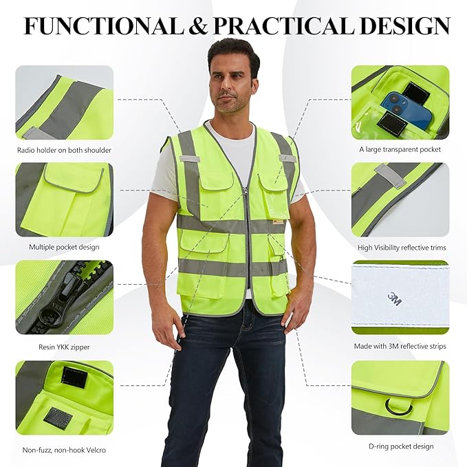 SIFE Reflective Safety Vest High Visibility Vest With 7 Pockets And YKK Zipper, ANSI/ISEA Class 2 Standard, Made With 3M Reflective Tape(03YG-Yellow,XL)