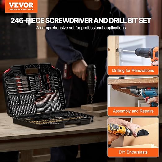 VEVOR Drill Bit Set, 246 Pieces Drill and Driver Bit Set, Screwdriver Bit Set Suitable for Wood Metal Cement Drilling and Screw Driving, Drill Bit Sets Combo Kit Assorted in Organized Carrying Case