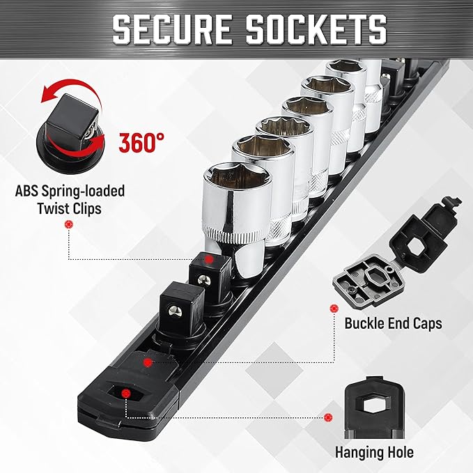 ALOANES 3-Piece Magnetic Socket Organizer, Heavy Duty Aluminum Rails, 360 Swivel Clips, 1/2, 3/8, 1/4-Inch Socket Holder x 40 Clips (Black)