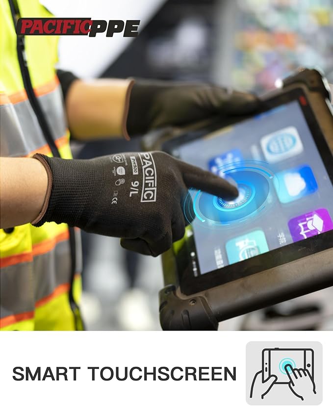 PACIFIC PPE Work Gloves PU Coated-18 Pairs, Touchscreen Working Gloves for Men and Women, Mechanic Gloves, Lightweight, Black, Large