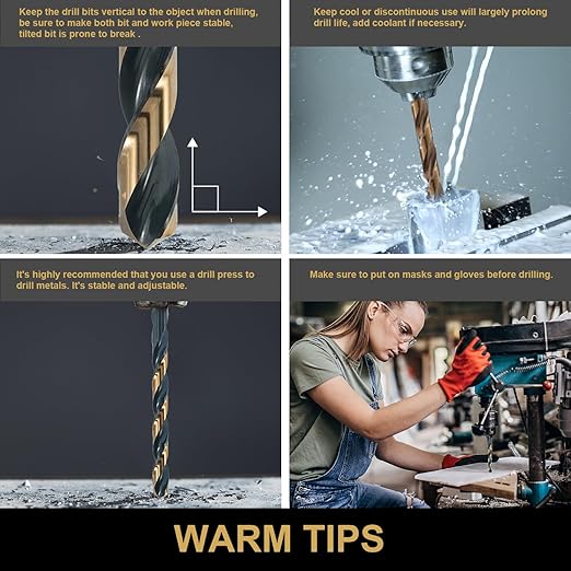 Drill Bit Set 29Pcs, 135 Degree Tip High Speed Steel with Black and Gold Finish, Stainless Steel, Plastic and Wood with Metal Indexed Storage Case 1/16"-1/2"