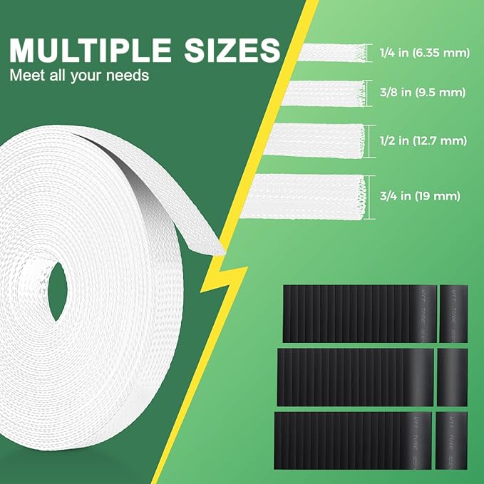 132 ft Expandable Braided Cable Sleeve Wire Loom PET Wire Sleeving，Wrap Management Mesh for Audio Video and Other Home Device Cable Automotive Wire - (1/2 Inch, 1/4 Inch, 2/5 Inch,3/4 Inch,White)