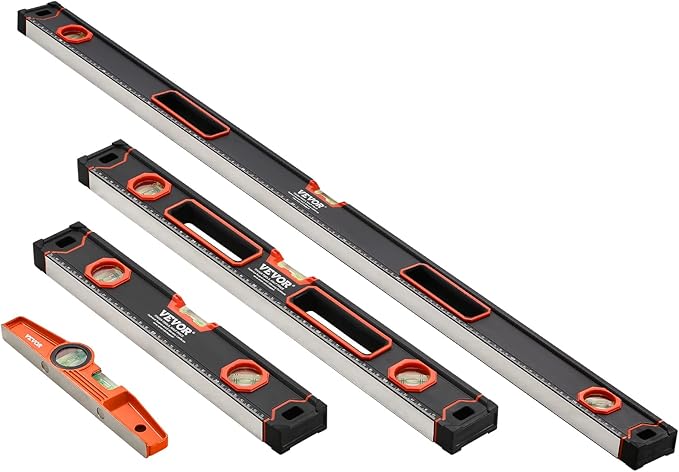 VEVOR 4-Piece Torpedo Level, 48/24/16/10 Inch Box Levels Set, Fluorescent Light Up Bubble Vials Ruler for 45/90/180 Degree, Aluminum Alloy Magnetic Leveler Tool, Shock-Proof(Only 10-inch has magnetic)