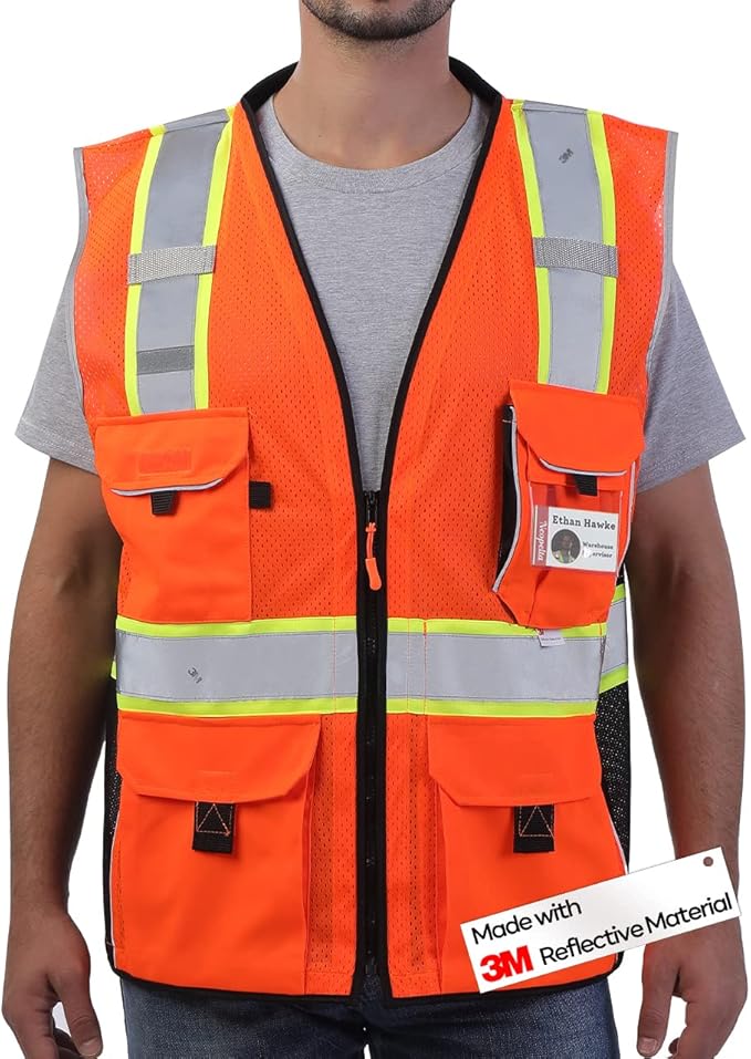 Neopelta Reflective Safety Vest Orange Mesh, Made with 3M Reflective Tape, Heavy Duty Vest with ID pocket, Padded Neck, Orange XL