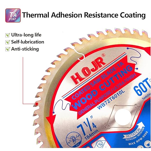 Circular Saw Blade Woodworking TA Series, 7-1/4" 60 Tooth Arbor: 5/8, Super Finishing/General Purpose Wood Cutting,Special Anti-Thermal Adhesion Coating on Cutting Head -TA 7-1/4" 60T TA