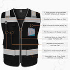 TCCFCCT Mesh Hi Vis Vest 5 Pockets High Visibility Reflective Safety Vest for Men Women, Neon Construction Vest with Horizontal Strip for Walkie-talkie and ID Card, Meets ANSI/ISEA Standards, Black, 3XL
