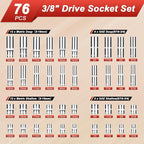 3/8” Drive Socket Set, 76 Pieces Ratchet Wrenches Set, Standard and Deep Metric (8 to 19mm)/SAE (5/16 to 3/4 inch) Size, with 72-Tooth Ratchet for Auto Repairing and Household, with Storage Case