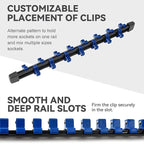 ALOANES 9 PC ABS Socket Organizer, 1/2, 3/8 & 1/4 inch Drive Rail Holders, Heavy Duty Socket Racks, Black Rails with Red, Blue & Black Clips
