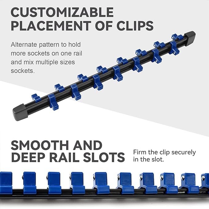ALOANES 9 PC ABS Socket Organizer, 1/2, 3/8 & 1/4 inch Drive Rail Holders, Heavy Duty Socket Racks, Black Rails with Red, Blue & Black Clips