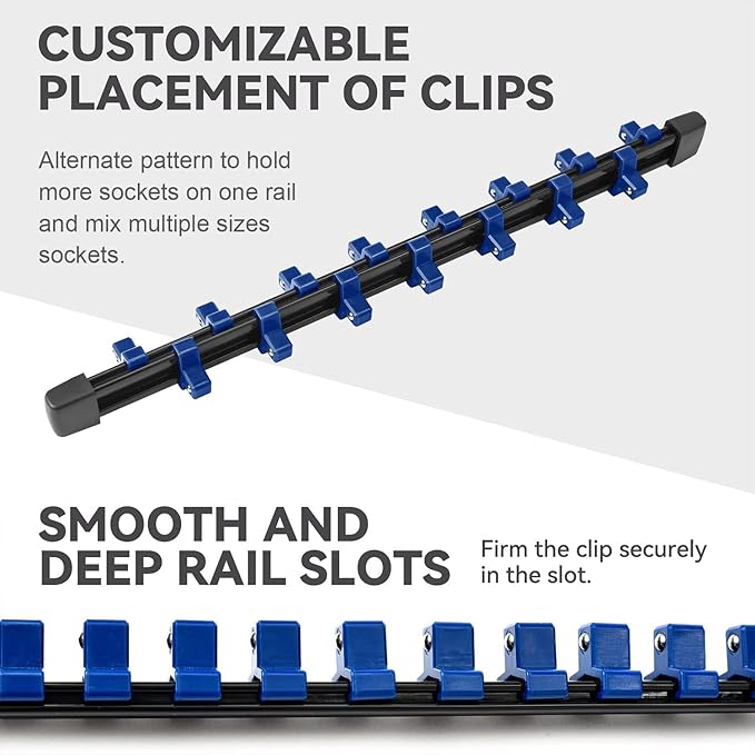 ALOANES 3 PC ABS Socket Organizer, 1/4 inch, Drive Socket Rail Holders, Heavy Duty Socket Racks, Black Rails with Blue Clips