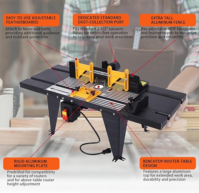 Electric Benchtop Router Table - Universal Benchtop Router Tables Top with Steel Stand, Adjustable Fence, Woodworking Craftsman Tool with Spacious Work Surface, Safety Guard, and Durable Construction