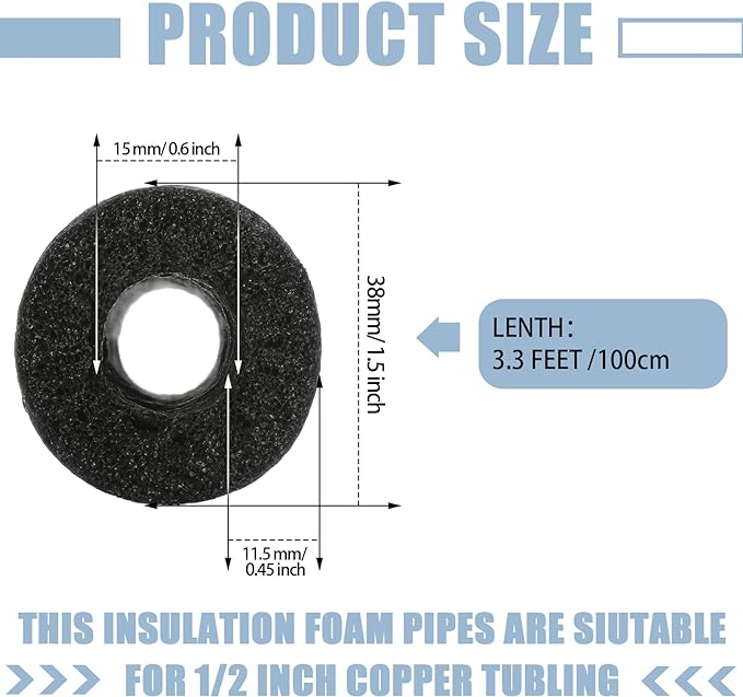 Amylove 12 Pcs 3.3 Feet Foam Pipe Insulation Foam Tube Insulating Water Pipe Pool Swim Noodles Heat Preservation Pipe Covers for Tubing Outdoor Freeze Protection (Black,1/2 Inch)
