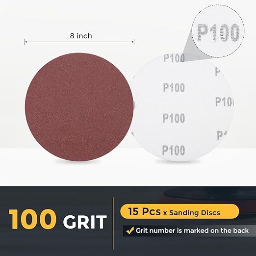 HARFINGTON 15 Pcs 8 Inch Sanding Disc 100 Grit Hook and Loop Sandpaper Random Orbital Sander Pads for Woodworking Automotive Metal Polishing
