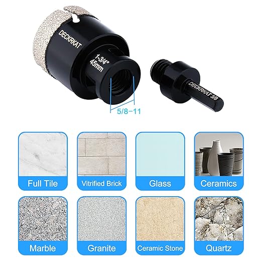 Diamond Hole Saw, 1-3/4" Hole Saw for Tiles Granite Marble Ceramic Glass Porcelain, 45mm Core Drill Bit with 5/8-11 Thread and 3/8” Hex Shank Adapter for Angle Grinders & Drills