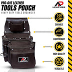 Pro-015 Leather Tool Pouch for Construction,Heavy Duty Hammer Holder,Buckle,3 Pocket Large with Belt, 12 Small Pocket, Tool Organizer