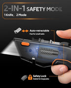 Box Cutter Utility Knife, [2-in-1] Retractable Box Cutter, Safety Heavy Duty Sharp Razor Knife for Home & Warehouse Cardboard, Carpet, Blade Storage, with Extra Razor & Hook Blades (Orange)