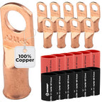 SELTERM 10pcs - 2 Awg - 3/8" Stud - Battery Lugs - Ring Terminal Connectors | with 12pcs 3:1 Black & Red Heat Shrink Tubing with Adhesive | Heavy Duty Battery Cable Ends - Bare Copper Wire Lugs Kit