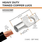 SELTERM 2pcs 2 AWG 3/8" Stud Tinned Copper Wire Lugs, Battery Lugs, Ring Terminals, Battery Cable Ends, 2 Gauge Ring Terminal Connectors, UL Marine Grade Electrical Battery Terminal Connectors